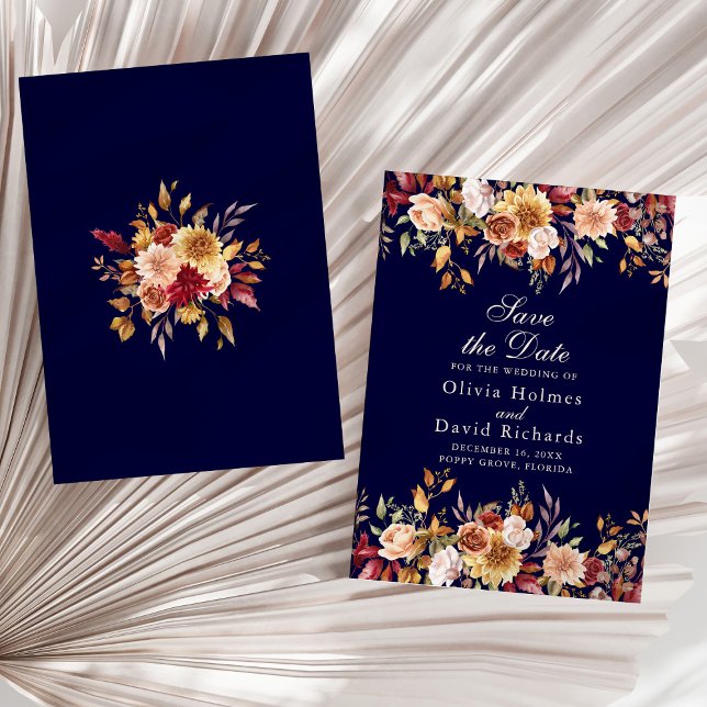 Reserva La Fecha Naranja de flores silvestres de la Marina Azul  mo (Modern Navy Blue Burnt Orange Wildflowers Wedding Save The Date on a sunny neutral dry palm leaf.)
