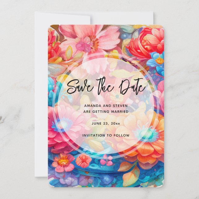 Reserva La Fecha Naranja de flores y Boda de Blue Boho (Anverso)