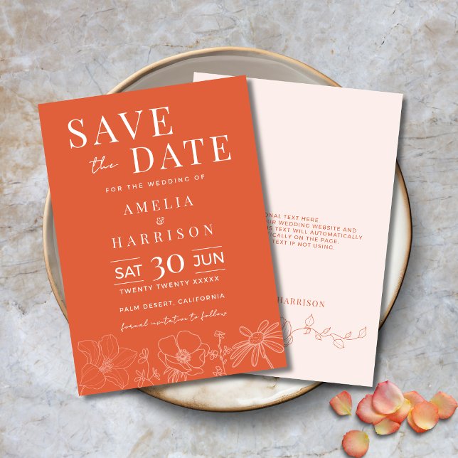 Reserva La Fecha Naranja de la puesta del sol Boda elegante (Sunset Orange Elegant Wedding Save the Date Invitation with Modern Typography, Delicate Flowers)