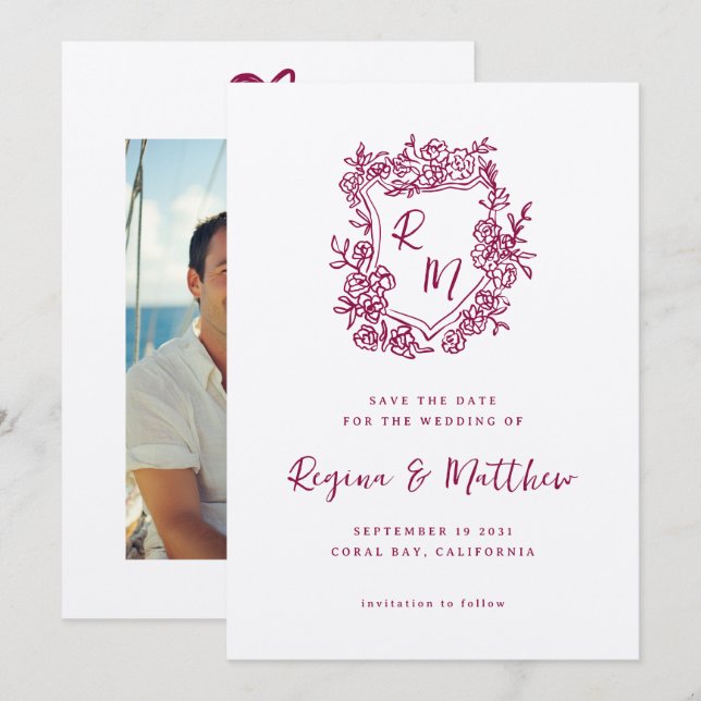 Reserva La Fecha Naranja de mano Escudo floral Boda de monograma (Anverso / Reverso)