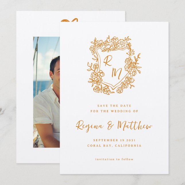 Reserva La Fecha Naranja de mano Escudo floral Boda de monograma (Anverso / Reverso)