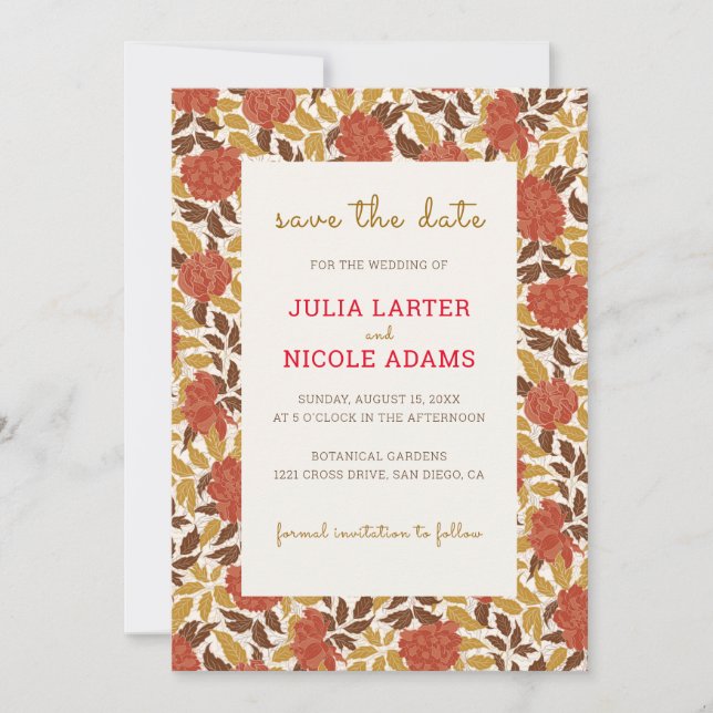 Reserva La Fecha Naranja Dusty Brunt Peony Flores Caen Boda (Anverso)