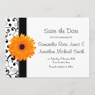 Reserva La Fecha Naranja Gerbera Daisy Black Scroll Guardar la fech