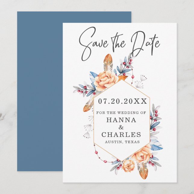 Reserva La Fecha Naranja gris azul Boda de marco geométrico floral (Anverso / Reverso)