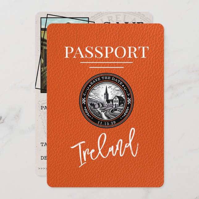 Reserva La Fecha Naranja Irlanda Passport Save the Date (Anverso / Reverso)