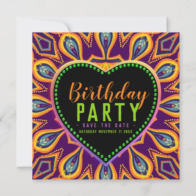 Reserva La Fecha Naranja Morado Hippie Niño Bohemio Fiesta temática (Anverso)