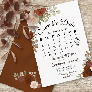 Reserva La Fecha Naranja oxidada Floral Elegante Calendario Boda Bo