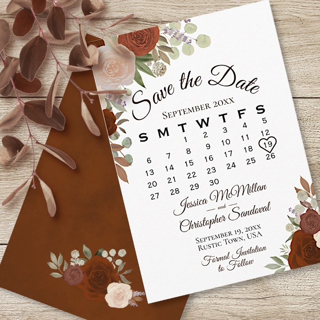 Reserva La Fecha Naranja oxidada Floral Elegante Calendario Boda Bo (Subido por el creador)