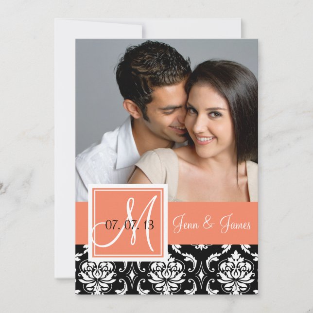 Reserva La Fecha Naranja Peach Black Damask Photo Save the Date (Anverso)