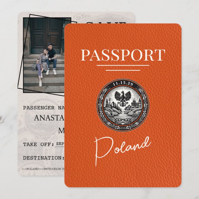 Reserva La Fecha Naranja Polonia Passport Save the Date (Anverso / Reverso)