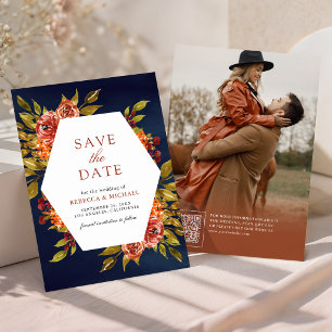 Reserva La Fecha Naranja Quemada Floral Otoño Caída Boda Azul Marin