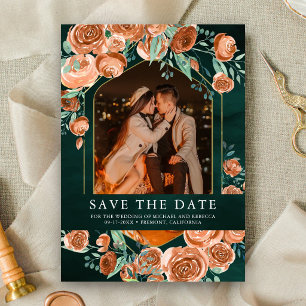 Reserva La Fecha Naranja Quemada Terracota Floral Esmeralda Boda
