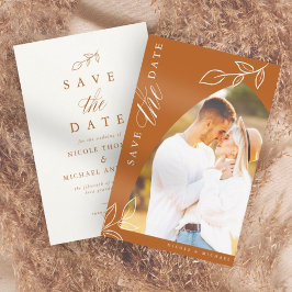 Reserva La Fecha Naranja quemado Arch Boho Foto de hoja mínima