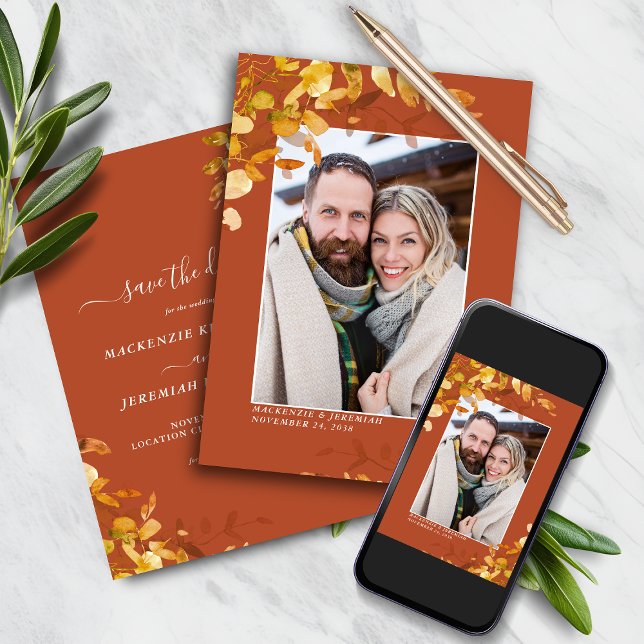 Reserva La Fecha Naranja quemado Boda de otoño foto Guardar fecha (Burnt Orange Autumn Wedding Photo Save the Date Card)