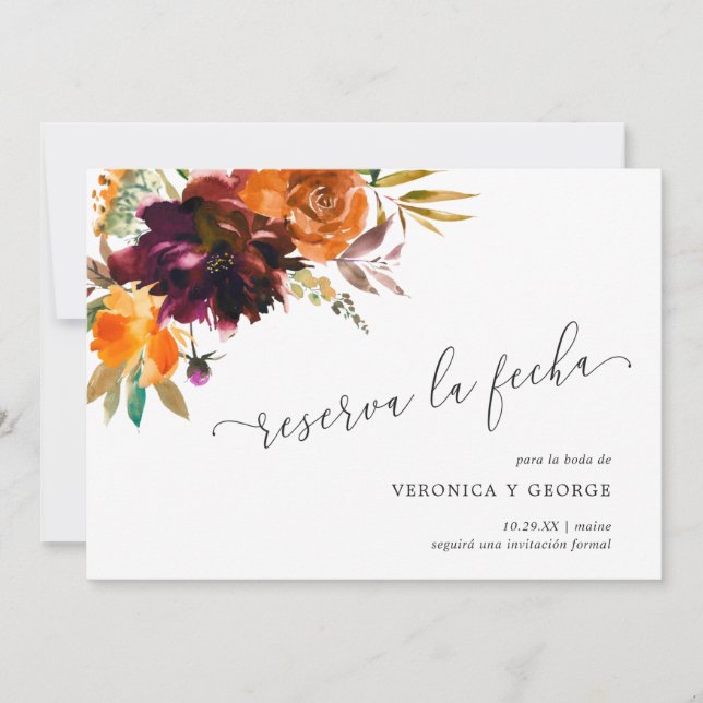 Reserva La Fecha Naranja quemado Burgundy Fall Boda Floral Español (Anverso)