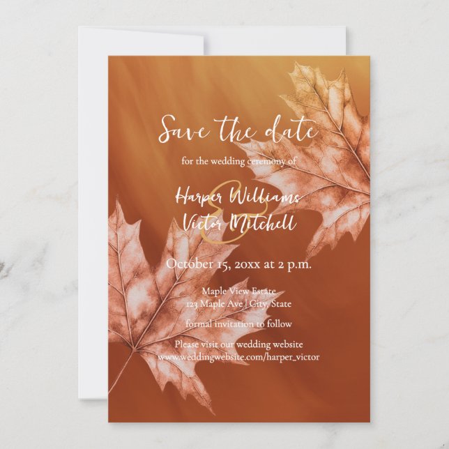 Reserva La Fecha naranja quemado maple hojas otoño boda (Anverso)