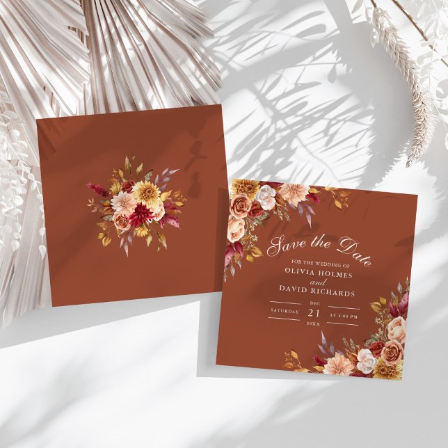 Reserva La Fecha Naranja quemado moderno Terracotta Wildflowers Bod (Modern Burnt Orange Terracotta Wildflowers Wedding Save The Date on a sunny white table.)