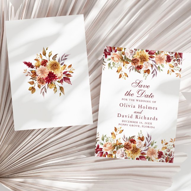 Reserva La Fecha Naranja quemado moderno Terracotta Wildflowers Bod (Modern Burnt Orange Terracotta Wildflowers Wedding Save The Date on a sunny neutral dry palm leaf.)