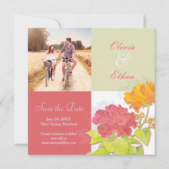 Reserva La Fecha Naranja Rojo Boda Floral Foto Guardar fecha (Anverso)