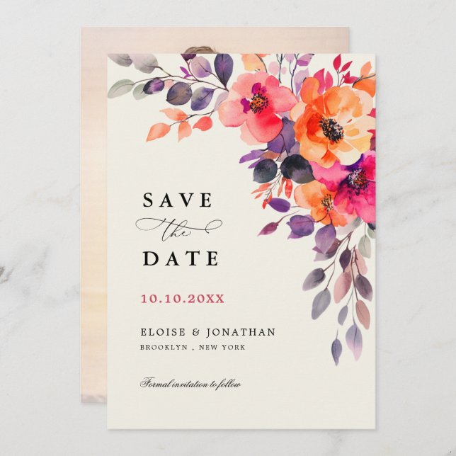 Reserva La Fecha Naranja rosa oscuro audaz acuarela floral foto (Anverso / Reverso)