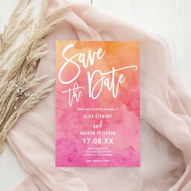 Reserva La Fecha Naranja rosado vibrante Boda acuarela (Vibrant Summer Pink Orange Watercolor Wedding Save The Date)
