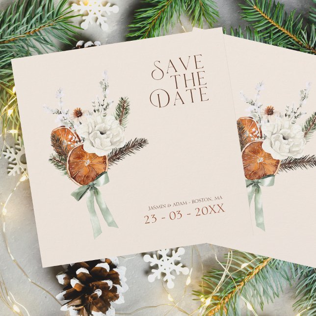 Reserva La Fecha Naranja Rústico Corta Boda de flores blancas (Winter Orange Slices Dried Citrus Cinnamon Wedding Save the Date Card)