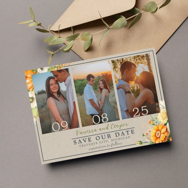 Reserva La Fecha Naranja verde floral de florecimiento otoñal Boda (Subido por el creador)