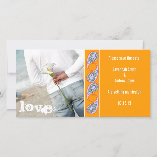 Reserva La Fecha Naranja y Lavender Paisley Salven la fecha (Anverso)