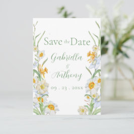 Reserva La Fecha Narciso floral verde blanco y amarillo guión