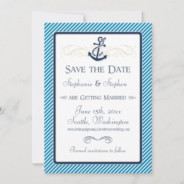 Reserva La Fecha Nautical Anchor Boat Diagonal Stripes Swirl Modern (Anverso)