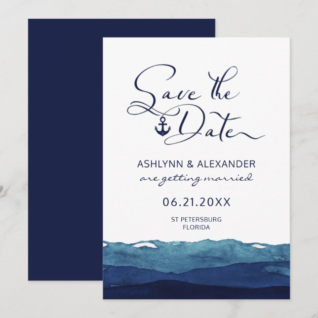 Reserva La Fecha Nautical Anchor Script Typography Marina acuarela (Anverso / Reverso)