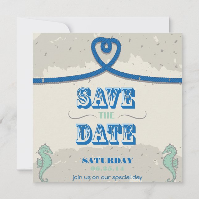 Reserva La Fecha Nautical Beach Blue Heart Knot Save the Date (Anverso)
