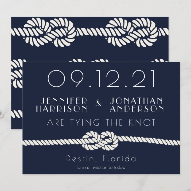 Reserva La Fecha Nautical Rope Navy White Beach Wedding Typography (Anverso / Reverso)