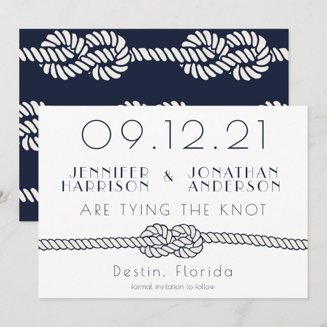 Reserva La Fecha Nautical Rope Navy White Beach Wedding Typography (Anverso / Reverso)