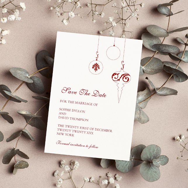 Reserva La Fecha Navidades bauble ornamentos Boda rojo invierno (Christmas Wedding Save The Date Card - Berry Red)