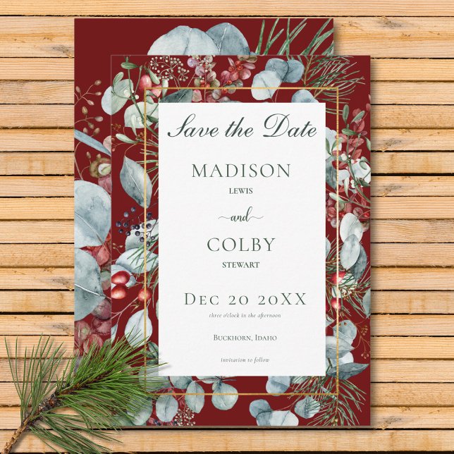 Reserva La Fecha Navidades de invierno Boda rojo verde (Winter Christmas Greenery Red Wedding Save The Date)