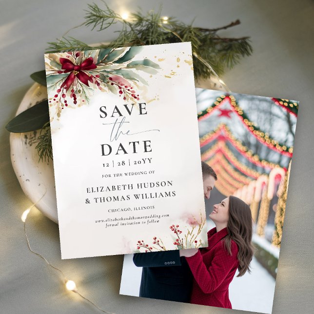 Reserva La Fecha Navidades de invierno  de Red Bow Foto Boda (winter wedding save the date christmas bow greenery berries watercolor elegant photo template)