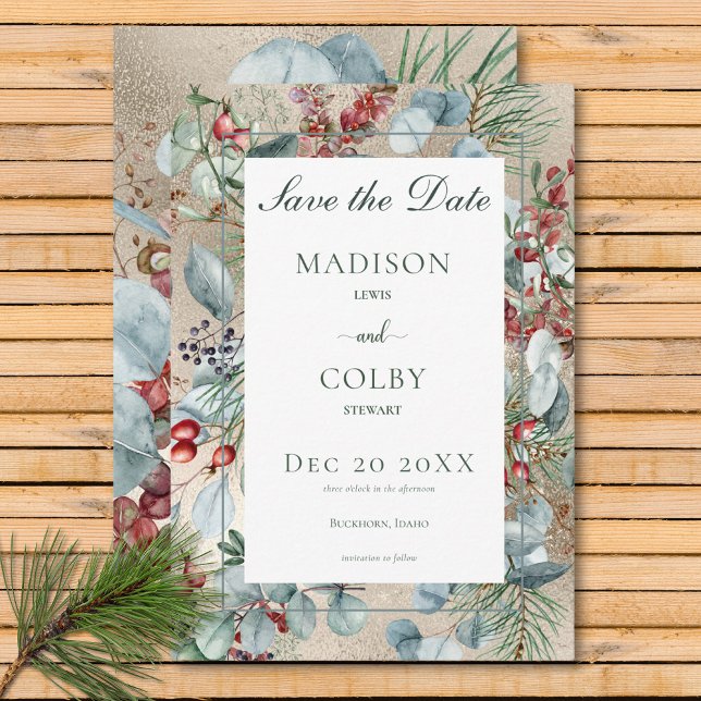Reserva La Fecha Navidades de invierno Greenery Gold Boda (Winter Christmas Greenery Gold Wedding Save The Date)