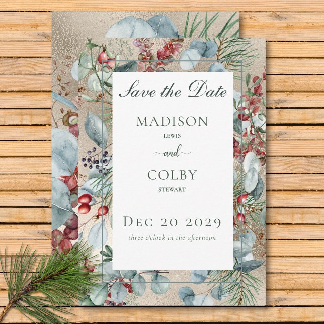 Reserva La Fecha Navidades de invierno Greenery Gold Boda (Winter Christmas Greenery Gold Wedding Save The Date)
