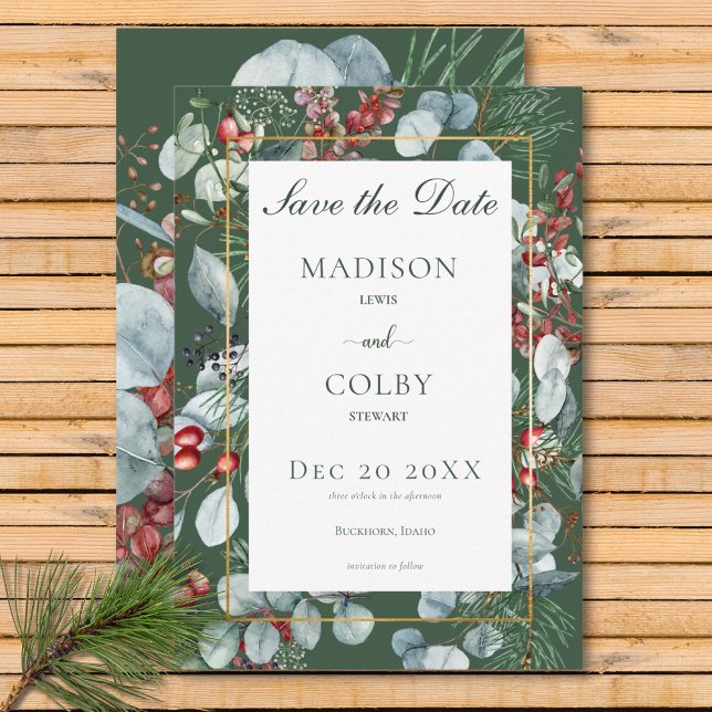 Reserva La Fecha Navidades de invierno Verde verde Guardar la tarje (Winter Christmas Greenery Green Save the Date Card)