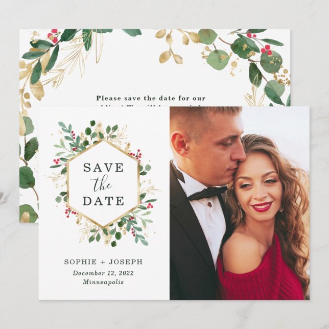 Reserva La Fecha Navidades de la vegetación dorada en blanco | Foto (Anverso / Reverso)