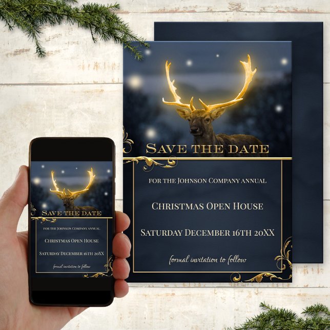 Reserva La Fecha Navidades de venados abren la casa Salven la tarje (Save the Date Christmas invitation, showing a stylized glow-in-the-dark deer on blue sparkle lights)