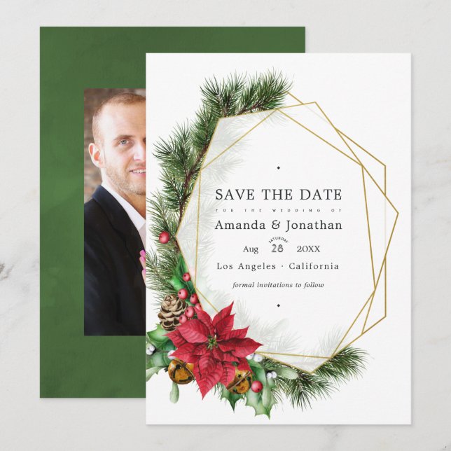 Reserva La Fecha Navidades florales de acuarela Boda geométrico (Anverso / Reverso)