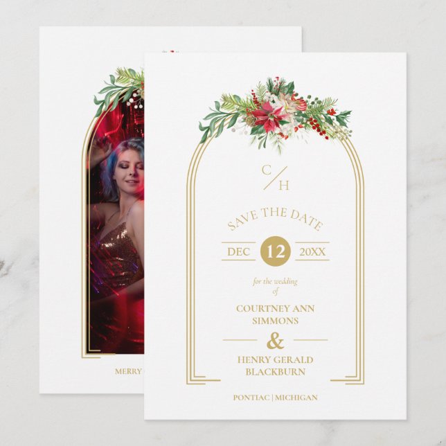 Reserva La Fecha Navidades florales de Arco de Iniciales de Lujo (Anverso / Reverso)