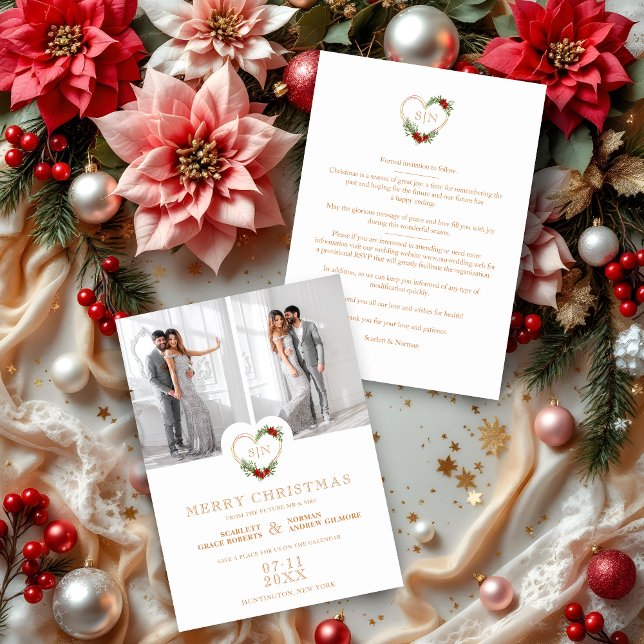 Reserva La Fecha Navidades florales de lujo Heart 2 Fotos (Luxury Initials Elegant Floral Christmas Heart 2 Photos Wedding Save the Date Holidays Cards.)