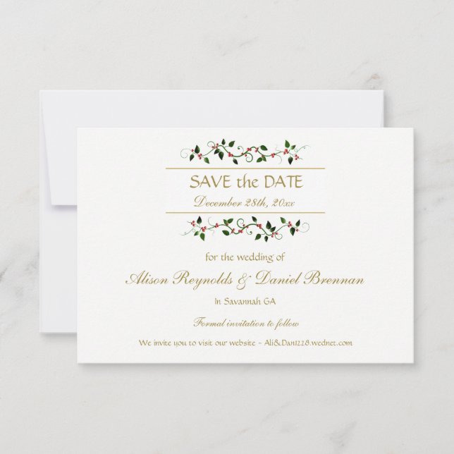 Reserva La Fecha Navidades Holiday Holly Ivy Wedding Salven la fech (Anverso)