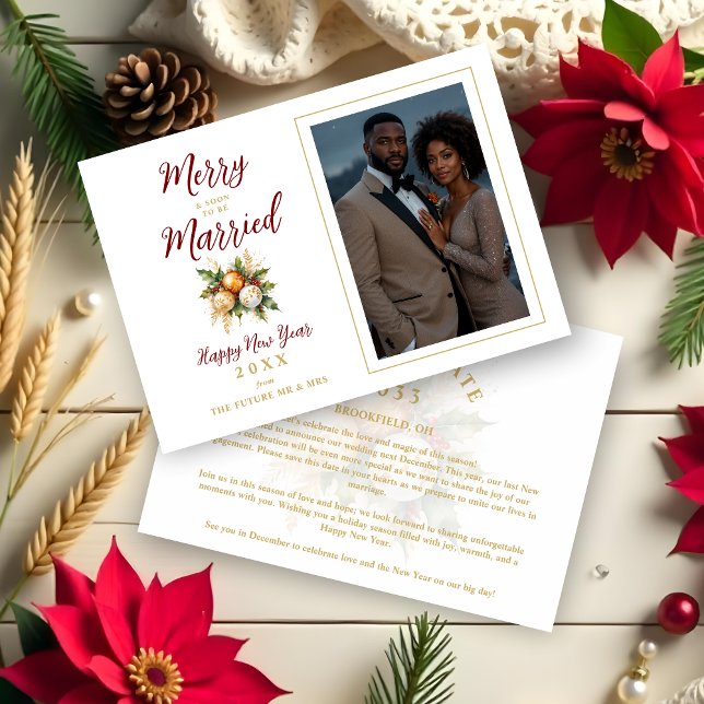 Reserva La Fecha Navidades románticos Balls Bouquet Boda Foto (Romantic Christmas Balls Bouquet Wedding Photo Save the Date Cards as Holiday Cards.)
