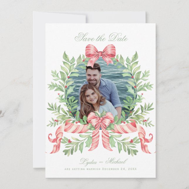 Reserva La Fecha Navidades Wreath Candy Cane Bow | Foto (Anverso)