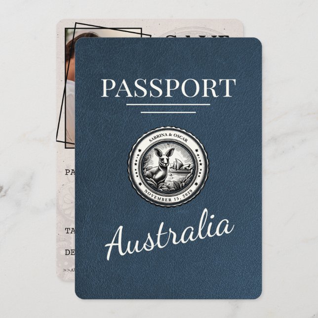 Reserva La Fecha Navy Blue Australia Passport Save the Date (Anverso / Reverso)