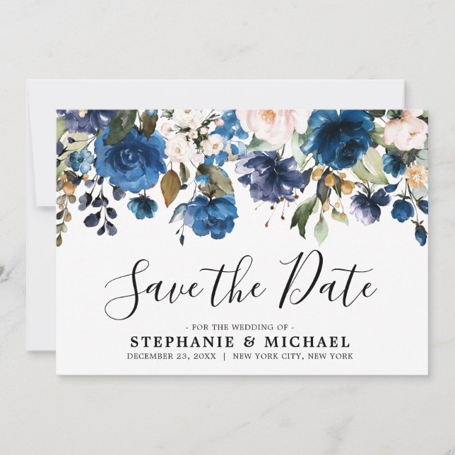 Reserva La Fecha Navy Blue blush Florals Botanical Save the Date (Anverso)
